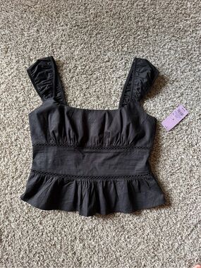 wild fable Black Ruffled Square-Neck Tank Top